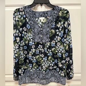 J. Jill Blue Green Black Print Lightweight Long Sleeve Top Women’s Size Small